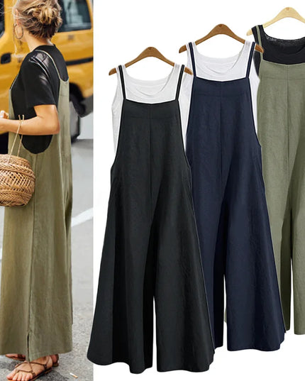 Women Straps Jumpsuit Summer Solid Color Wide Leg Pants Dungaree Bib Overalls Casual Loose Sleeveless Cotton Linen Jumpsuits 5Xl