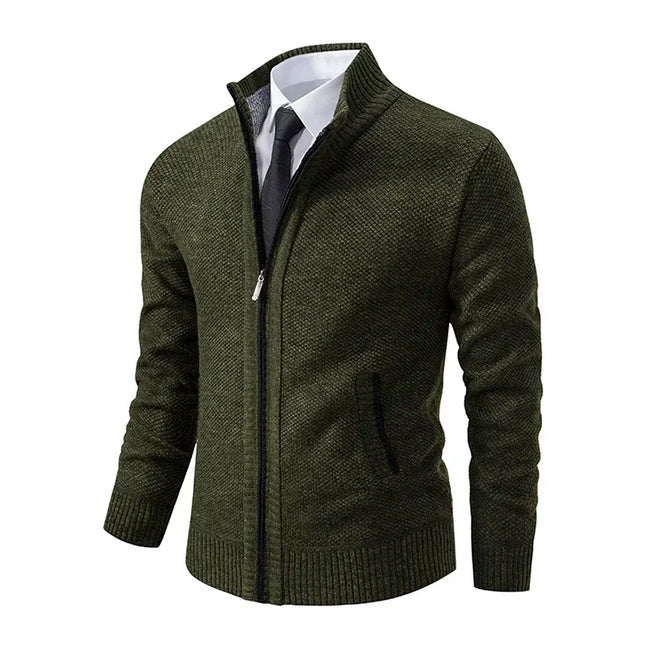 2025 Autumn and Winter New Jersey Men's Casual Sports Coat Solid Color Stand Collar Sweater Grab Fleece Warm Zipper Cardigan