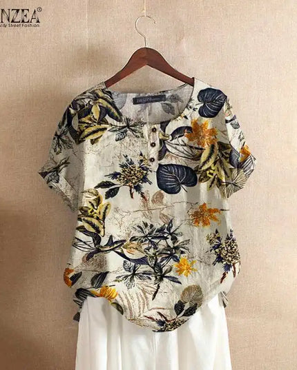 ZANZEA Women Cotton Shirt Fashion Floral Printed Tops Ladies Kaftan Chemise 2024 Summer Short Sleeve Blouses Causal O-neck Tunic