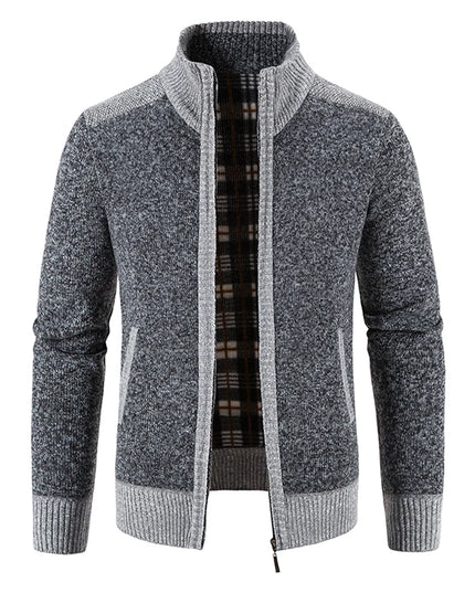 Autumn Winter Male Sweater Coat Knit Jumpers Fleece Warm Jacket Korean Mock Collar Patchworked Zip Windbreaker Men's Overcoat
