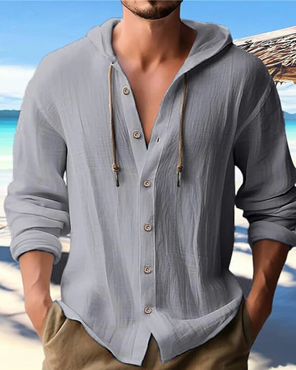 Summer Men's Cotton Linen Shirt Solid Streetwear Long Sleeve Hoodie Clothing For Men Button Tops Casual Loose Men Hooded Shirt