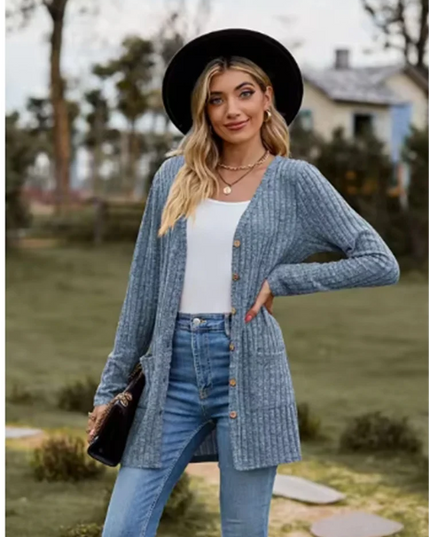Button Solid Color Long Sleeved New Striped Women's Top Dating Versatile Fashion High Street Autumn Coat