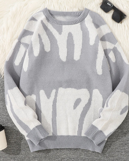 New Popular Autumn Winter Irregular Jacquard Pattern Pullover Sweater Casual Round Neck Contrast Color Knitted Men's Pullover