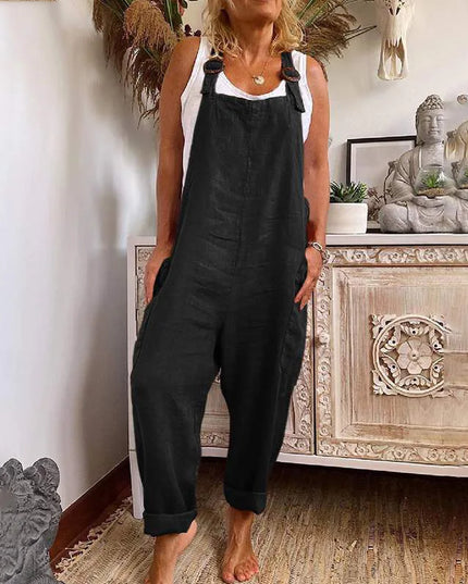 Womens Cotton Linen Jumpsuit Dungarees Loose Playsuit Polyester Preppy Style Pants Pocket  Overalls Trousers