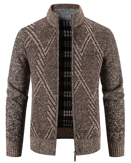 Autumn Winter Male Sweater Coat Knit Jumpers Fleece Warm Jacket Korean Mock Collar Patchworked Zip Windbreaker Men's Overcoat