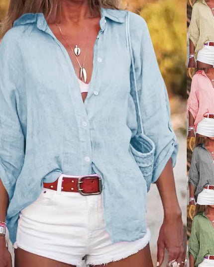 Women Cotton Linen Blouse Shirt Summer Female Turn Down Collar Three Quarter Loose Blouse Tops FYY-85