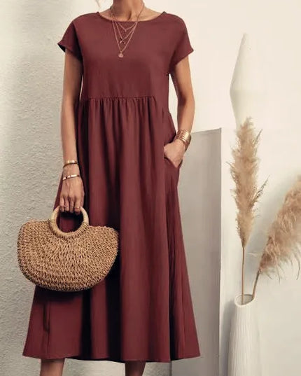 Women Vintage Solid Dress 2023 Summer Elegant O Neck Short Sleeve Cotton Linen Dresses Female Casual Loose Sundress Long Dress