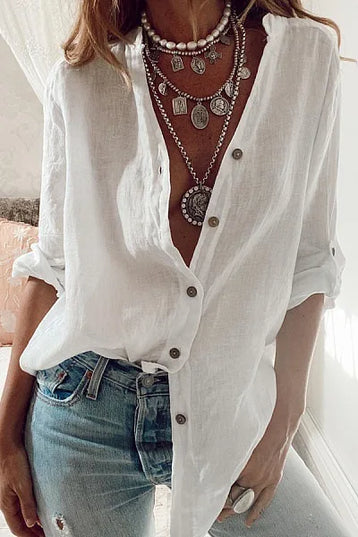 S-5XL Women Loose Blouse Shirts Oversized Female V Neck Long Sleeve Button Beach Sand Holiday Baggy Blouse Tops ARJ-113Y