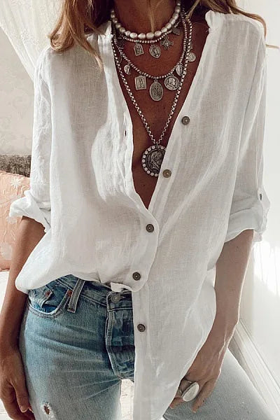 S-5XL Women Loose Blouse Shirts Oversized Female V Neck Long Sleeve Button Beach Sand Holiday Baggy Blouse Tops ARJ-113Y