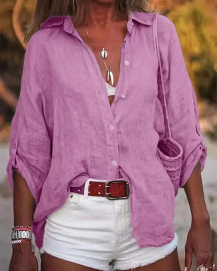 Women Cotton Linen Blouse Shirt Summer Female Turn Down Collar Three Quarter Loose Blouse Tops FYY-85