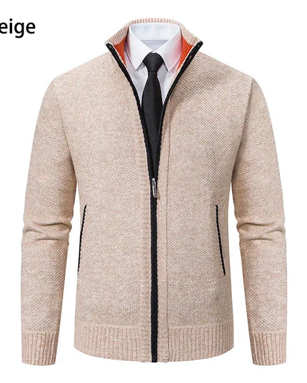 2025 Autumn and Winter New Jersey Men's Casual Sports Coat Solid Color Stand Collar Sweater Grab Fleece Warm Zipper Cardigan