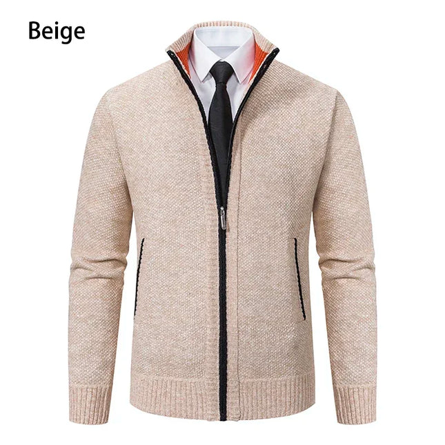 2025 Autumn and Winter New Jersey Men's Casual Sports Coat Solid Color Stand Collar Sweater Grab Fleece Warm Zipper Cardigan