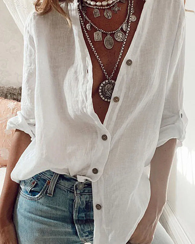 S-5XL Women Loose Blouse Shirts Oversized Female V Neck Long Sleeve Button Beach Sand Holiday Baggy Blouse Tops ARJ-113Y