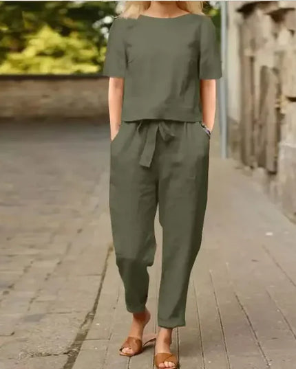 Women's Pullover Shirt And Pants Two-piece Set Women's Cotton And Linen Summer Suit Short Sleeved O-neck Outfit Pants