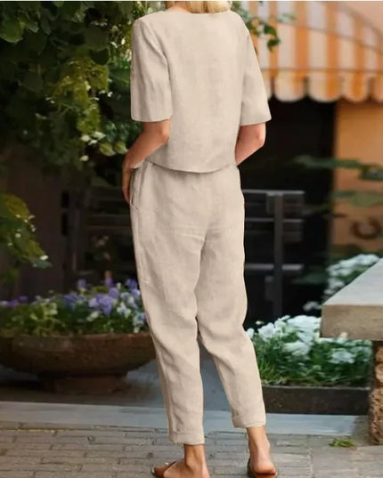 Women's Pullover Shirt And Pants Two-piece Set Women's Cotton And Linen Summer Suit Short Sleeved O-neck Outfit Pants