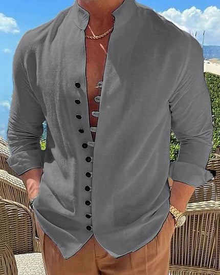 100% pure cotton linen hot selling fashion men's long sleeved shirt solid color stand up collar casual style men's S-3XXL