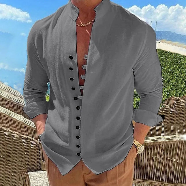 100% pure cotton linen hot selling fashion men's long sleeved shirt solid color stand up collar casual style men's S-3XXL