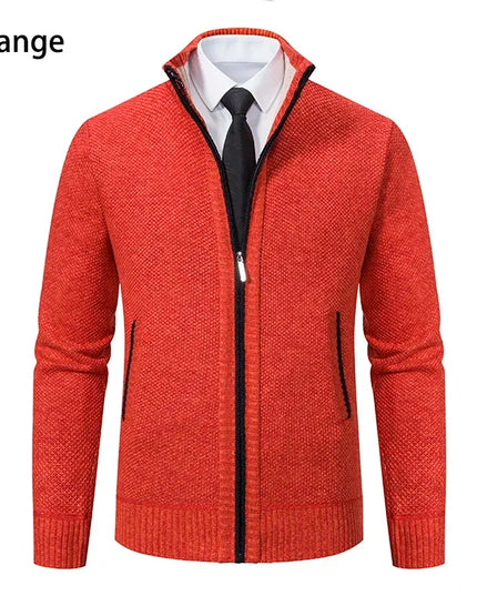 2025 Autumn and Winter New Jersey Men's Casual Sports Coat Solid Color Stand Collar Sweater Grab Fleece Warm Zipper Cardigan