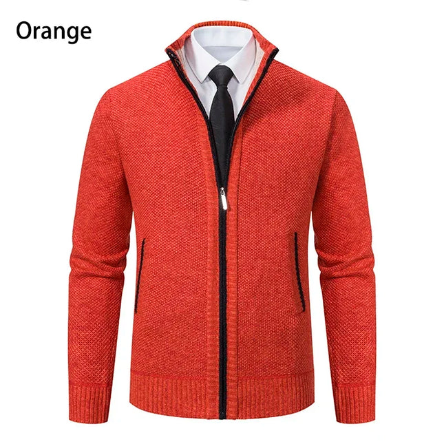 2025 Autumn and Winter New Jersey Men's Casual Sports Coat Solid Color Stand Collar Sweater Grab Fleece Warm Zipper Cardigan