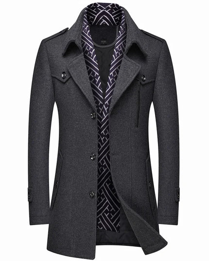 Winter Men's Woolen Coats Fashion Thicken Mid Length Trench Solid Turn Down Collar Warm Outerwear Business Casual Wool Coat Men