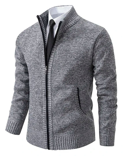 2025 Autumn and Winter New Jersey Men's Casual Sports Coat Solid Color Stand Collar Sweater Grab Fleece Warm Zipper Cardigan