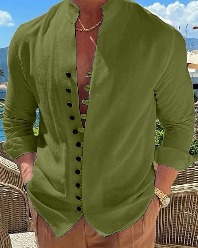 100% pure cotton linen hot selling fashion men's long sleeved shirt solid color stand up collar casual style men's S-3XXL