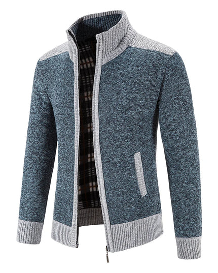 Autumn Winter Male Sweater Coat Knit Jumpers Fleece Warm Jacket Korean Mock Collar Patchworked Zip Windbreaker Men's Overcoat