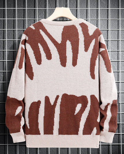 New Popular Autumn Winter Irregular Jacquard Pattern Pullover Sweater Casual Round Neck Contrast Color Knitted Men's Pullover