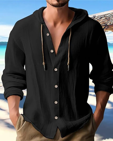 Summer Men's Cotton Linen Shirt Solid Streetwear Long Sleeve Hoodie Clothing For Men Button Tops Casual Loose Men Hooded Shirt