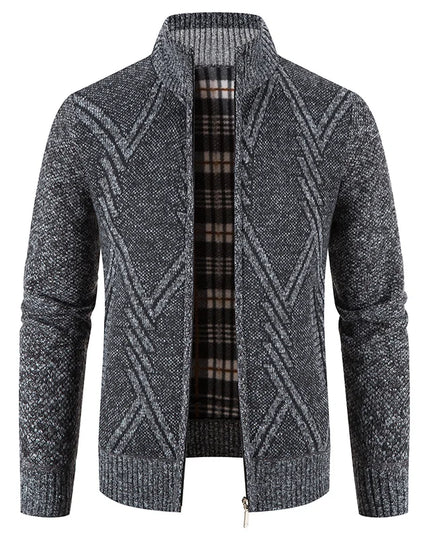 Autumn Winter Male Sweater Coat Knit Jumpers Fleece Warm Jacket Korean Mock Collar Patchworked Zip Windbreaker Men's Overcoat