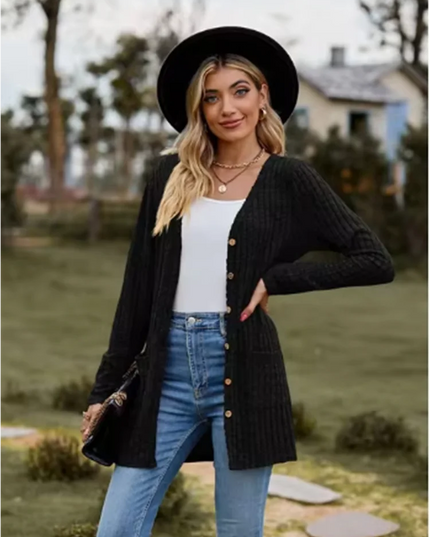 Button Solid Color Long Sleeved New Striped Women's Top Dating Versatile Fashion High Street Autumn Coat