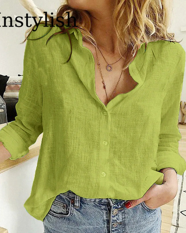 Elegant Cotton Linen Shirts Women Casual Solid Button Lapel Blouses Shirts Autumn Winter Long Sleeve Loose Tops Tunic Blusas