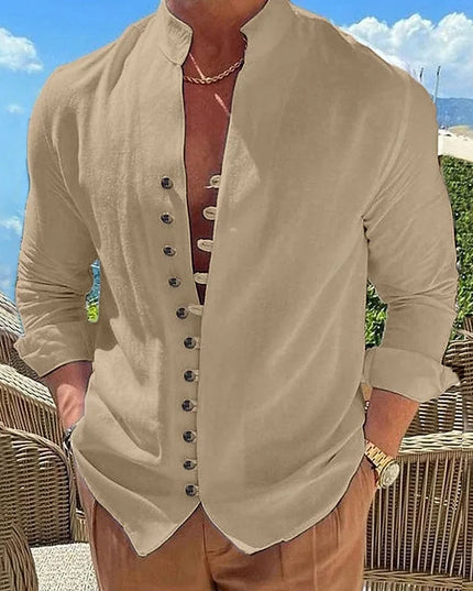 100% pure cotton linen hot selling fashion men's long sleeved shirt solid color stand up collar casual style men's S-3XXL