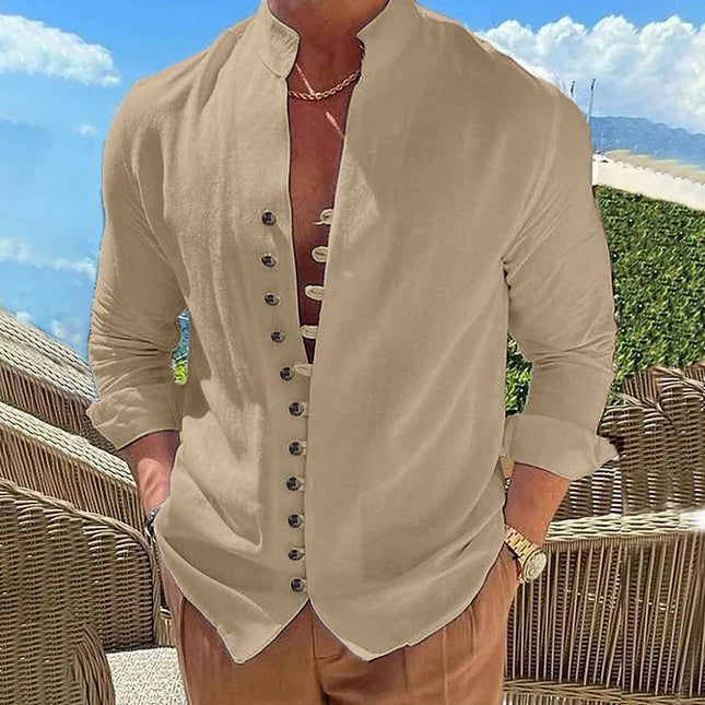100% pure cotton linen hot selling fashion men's long sleeved shirt solid color stand up collar casual style men's S-3XXL