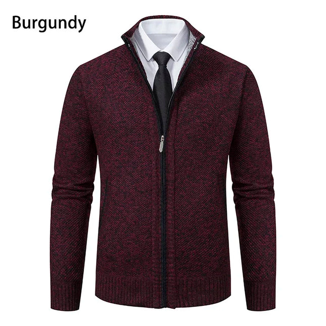 2025 Autumn and Winter New Jersey Men's Casual Sports Coat Solid Color Stand Collar Sweater Grab Fleece Warm Zipper Cardigan