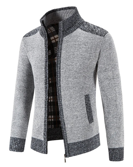 Autumn Winter Male Sweater Coat Knit Jumpers Fleece Warm Jacket Korean Mock Collar Patchworked Zip Windbreaker Men's Overcoat
