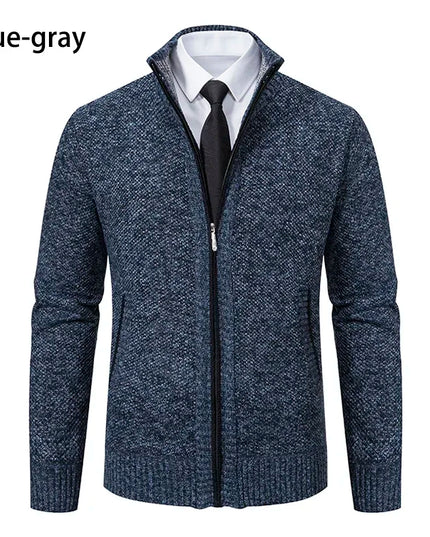 2025 Autumn and Winter New Jersey Men's Casual Sports Coat Solid Color Stand Collar Sweater Grab Fleece Warm Zipper Cardigan