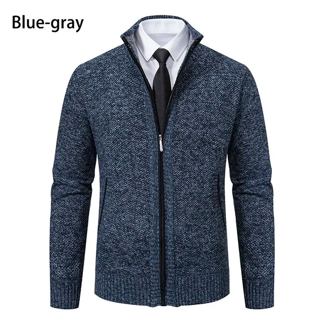 2025 Autumn and Winter New Jersey Men's Casual Sports Coat Solid Color Stand Collar Sweater Grab Fleece Warm Zipper Cardigan