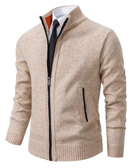2025 Autumn and Winter New Jersey Men's Casual Sports Coat Solid Color Stand Collar Sweater Grab Fleece Warm Zipper Cardigan