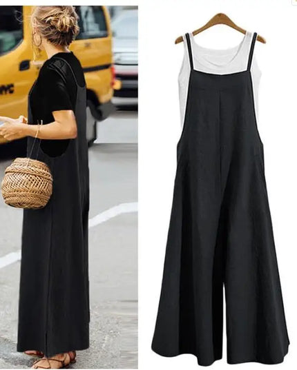 Women Straps Jumpsuit Summer Solid Color Wide Leg Pants Dungaree Bib Overalls Casual Loose Sleeveless Cotton Linen Jumpsuits 5Xl