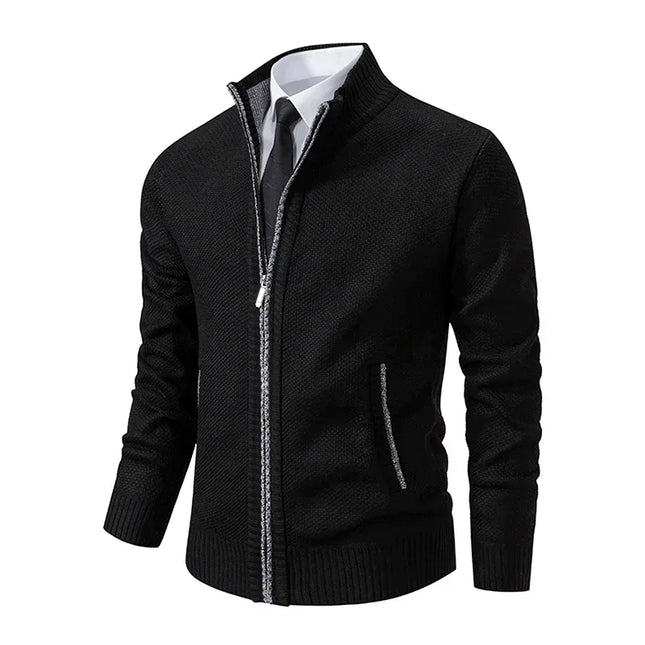 2025 Autumn and Winter New Jersey Men's Casual Sports Coat Solid Color Stand Collar Sweater Grab Fleece Warm Zipper Cardigan