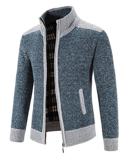 Autumn Winter Male Sweater Coat Knit Jumpers Fleece Warm Jacket Korean Mock Collar Patchworked Zip Windbreaker Men's Overcoat