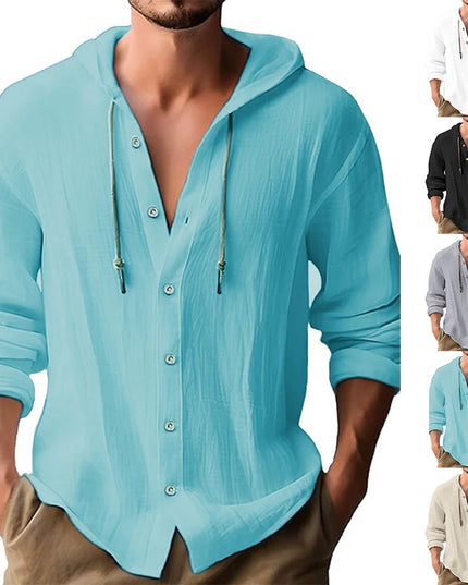 Summer Men's Cotton Linen Shirt Solid Streetwear Long Sleeve Hoodie Clothing For Men Button Tops Casual Loose Men Hooded Shirt