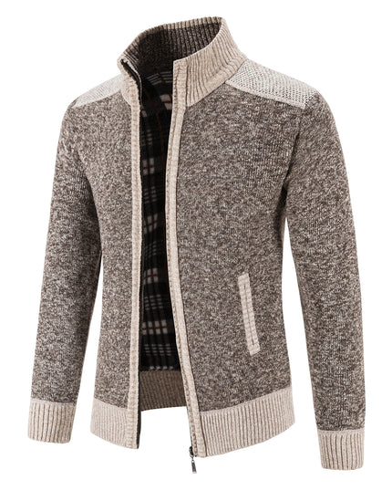 Autumn Winter Male Sweater Coat Knit Jumpers Fleece Warm Jacket Korean Mock Collar Patchworked Zip Windbreaker Men's Overcoat