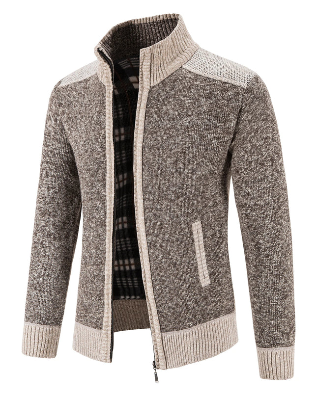 Autumn Winter Male Sweater Coat Knit Jumpers Fleece Warm Jacket Korean Mock Collar Patchworked Zip Windbreaker Men's Overcoat