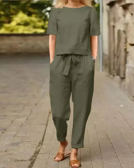 Women's Pullover Shirt And Pants Two-piece Set Women's Cotton And Linen Summer Suit Short Sleeved O-neck Outfit Pants