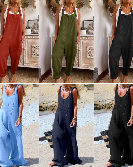 Womens Cotton Linen Jumpsuit Dungarees Loose Playsuit Polyester Preppy Style Pants Pocket  Overalls Trousers