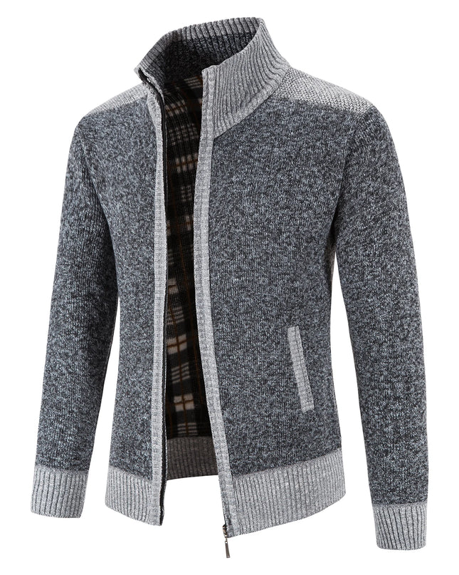 Autumn Winter Male Sweater Coat Knit Jumpers Fleece Warm Jacket Korean Mock Collar Patchworked Zip Windbreaker Men's Overcoat