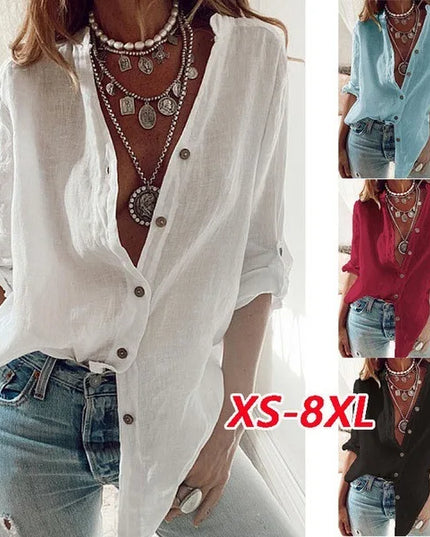 S-5XL Women Loose Blouse Shirts Oversized Female V Neck Long Sleeve Button Beach Sand Holiday Baggy Blouse Tops ARJ-113Y