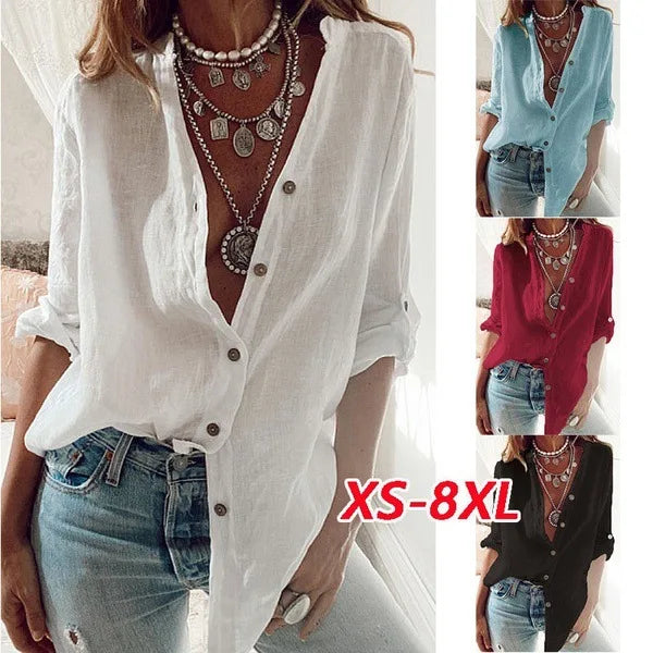 S-5XL Women Loose Blouse Shirts Oversized Female V Neck Long Sleeve Button Beach Sand Holiday Baggy Blouse Tops ARJ-113Y